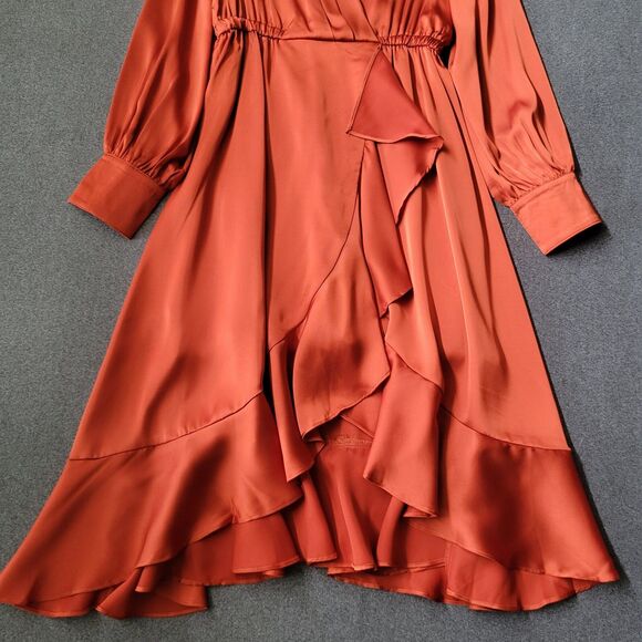 Chicwish M Rust Asymmetric Faux Wrap Ruffle Hem Satin Dress 711 - Picture 6 of 13